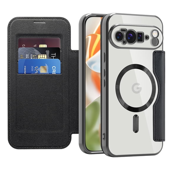 Feishell Flip Case for Google Pixel 10 Pro XL with Camera Lens Protect Film,Magnetic Closure PU Leather Folio Case with RFID Blocking Card Slots Luxury Plating Transparent Phone Cover,Black