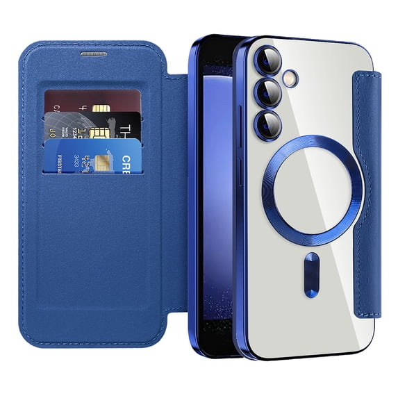 Feishell Flip Case for Samsung Galaxy S24 with Camera Lens Protect Film,Magnetic Closure PU Leather Folio Case with RFID Blocking Card Slots Luxury Plating Transparent Phone Cover,Darkblue