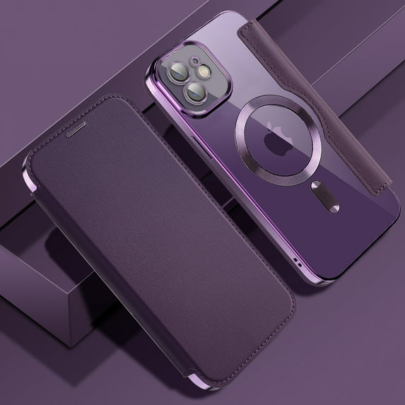 Feishell Flip Case for iPhone 11 with Camera Lens Protect Film,Magnetic Closure PU Leather Folio Case with RFID Blocking Card Slots Luxury Plating Transparent Phone Cover,Purple