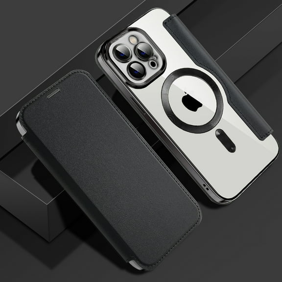 Feishell Flip Case for iPhone 12 Pro Max with Camera Lens Protect Film,Magnetic Closure PU Leather Folio Case with RFID Blocking Card Slots Luxury Plating Transparent Phone Cover,Black