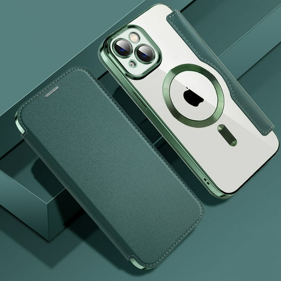Feishell Flip Case for iPhone 13 with Camera Lens Protect Film,Magnetic Closure PU Leather Folio Case with RFID Blocking Card Slots Luxury Plating Transparent Phone Cover,Darkgreen