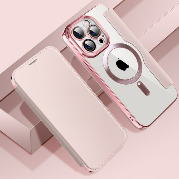 Feishell Flip Case for iPhone 13 Pro with Camera Lens Protect Film,Magnetic Closure PU Leather Folio Case with RFID Blocking Card Slots Luxury Plating Transparent Phone Cover,Pink