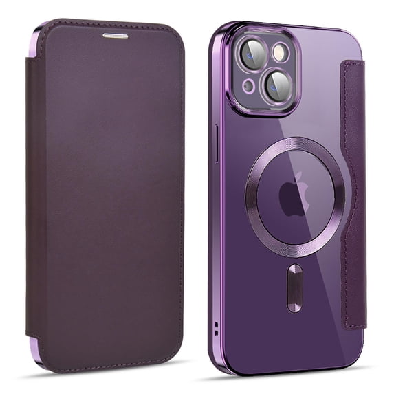 Feishell Flip Case for iPhone 14 with Camera Lens Protect Film,Magnetic Closure PU Leather Folio Case with RFID Blocking Card Slots Luxury Plating Transparent Phone Cover,Purple