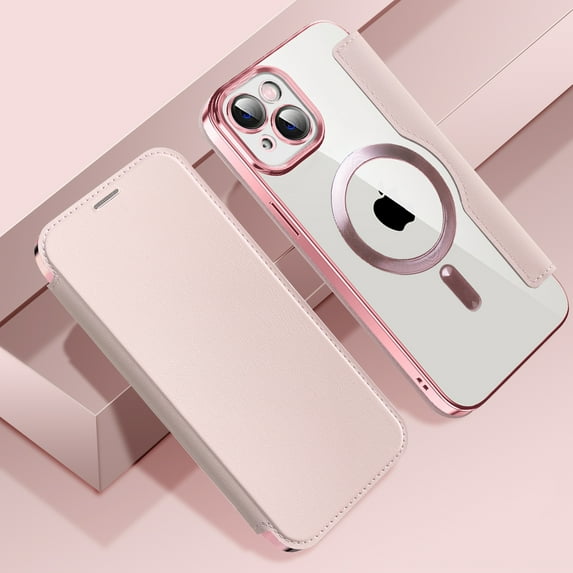Feishell Flip Case for iPhone 14 Plus with Camera Lens Protect Film,Magnetic Closure PU Leather Folio Case with RFID Blocking Card Slots Luxury Plating Transparent Phone Cover,Pink