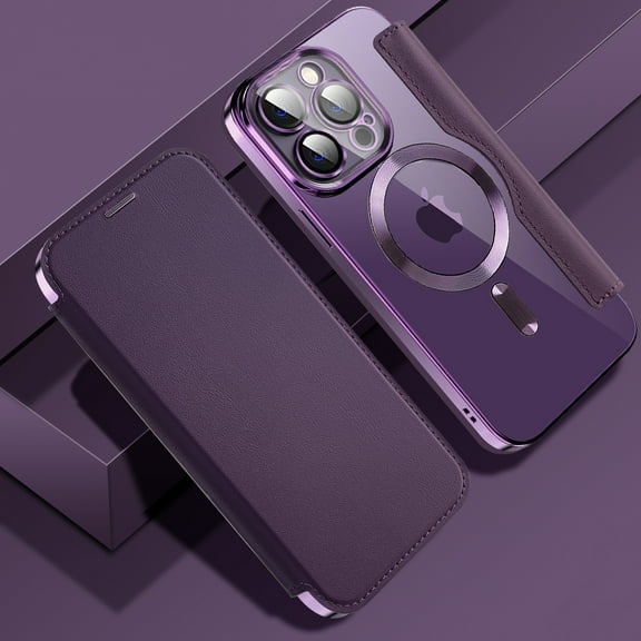 Feishell Flip Case for iPhone 14 Pro with Camera Lens Protect Film,Magnetic Closure PU Leather Folio Case with RFID Blocking Card Slots Luxury Plating Transparent Phone Cover,Purple