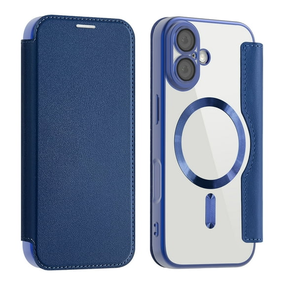 Feishell Flip Case for iPhone 17 with Camera Lens Protect Film,Magnetic Closure PU Leather Folio Case with RFID Blocking Card Slots Luxury Plating Transparent Phone Cover,Darkblue