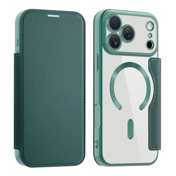 Feishell Flip Case for iPhone 17 Pro with Camera Lens Protect Film,Magnetic Closure PU Leather Folio Case with RFID Blocking Card Slots Luxury Plating Transparent Phone Cover,Darkgreen