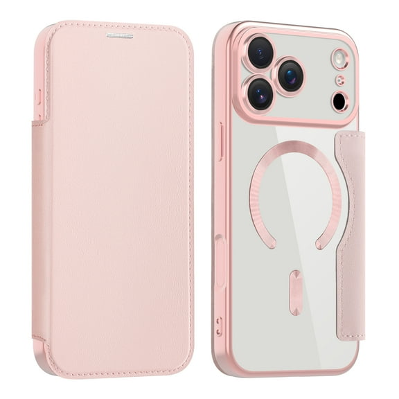 Feishell Flip Case for iPhone 17 Pro Max with Camera Lens Protect Film,Magnetic Closure PU Leather Folio Case with RFID Blocking Card Slots Luxury Plating Transparent Phone Cover,Pink