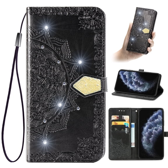 Feishell Flip Wallet Case for Google Pixel 3A XL, Bling Diamond Embossed Cover [Premium PU Leather+TPU Bumper][3 Card Slots][Stand Function][Magnetic Closure][Wrist Strap] Shockproof Case,Black