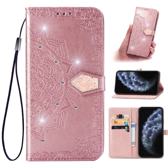 Feishell Flip Wallet Case for Google Pixel 4A, Bling Diamond Embossed Cover [Premium PU Leather+TPU Bumper][3 Card Slots][Stand Function][Magnetic Closure][Wrist Strap] Shockproof Phone Case,Rosegold