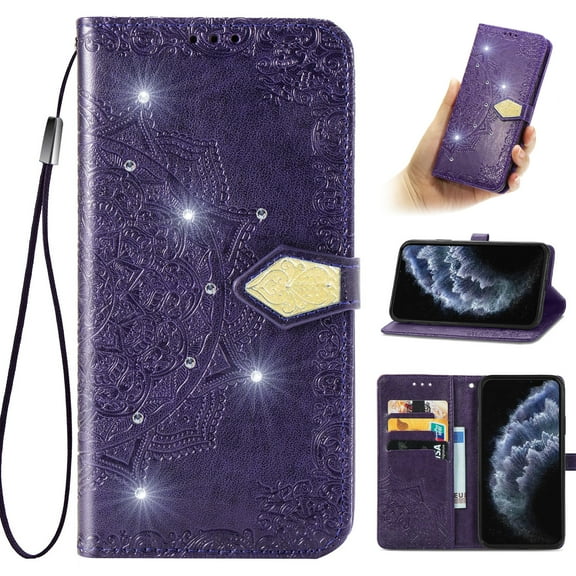 Feishell Flip Wallet Case for Google Pixel 4A, Bling Diamond Embossed Cover [Premium PU Leather+TPU Bumper][3 Card Slots][Stand Function][Magnetic Closure][Wrist Strap] Shockproof Phone Case,Purple