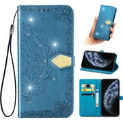 Feishell Flip Wallet Case for Google Pixel 5, Bling Diamond Embossed Cover [Premium PU Leather+TPU Bumper][3 Card Slots][Stand Function][Magnetic Closure][Wrist Strap] Shockproof Phone Case,Blue