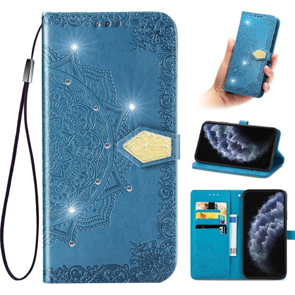 Feishell Flip Wallet Case for Google Pixel 5, Bling Diamond Embossed Cover [Premium PU Leather+TPU Bumper][3 Card Slots][Stand Function][Magnetic Closure][Wrist Strap] Shockproof Phone Case,Blue