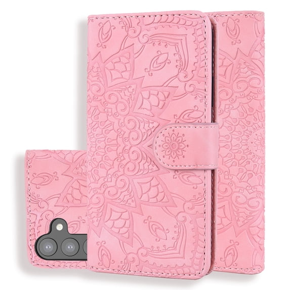 Feishell Flip Wallet Case for Samsung Galaxy S24, Magnetic Clasp Folio Shockproof Embossed Pattern PU Leather Magnetic Clasp Folio Protective Phone Cover with Kickstand & Card Slots,Pink