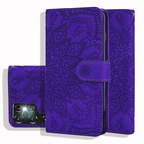Feishell Flip Wallet Case for Samsung Galaxy S24 Ultra, Magnetic Clasp Folio Shockproof Embossed Pattern PU Leather Magnetic Clasp Folio Protective Phone Cover with Kickstand & Card Slots,Purple
