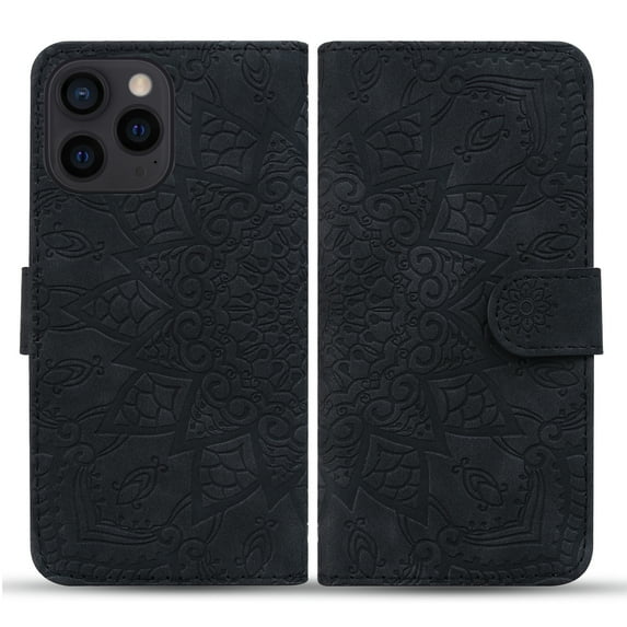 Feishell Flip Wallet Case for iPhone 16 Pro with Wrist Strap,Shockproof Embossed Pattern PU Leather Magnetic Clasp Folio Protective Phone Cover with Kickstand & Card Slots,Black