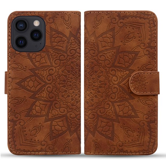 Feishell Flip Wallet Case for iPhone 16 Pro with Wrist Strap,Shockproof Embossed Pattern PU Leather Magnetic Clasp Folio Protective Phone Cover with Kickstand & Card Slots,Brown