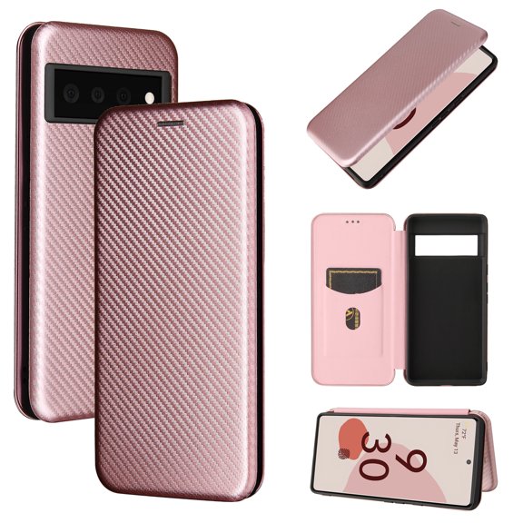 Feishell Flip Wallet Cover for Google Pixel 7 (6.3 inch),Shockproof Slim Fit Carbon Fiber Texture PU Leather Magnetic Closure Folio Card Pocket Kickstand Phone Case,Pink
