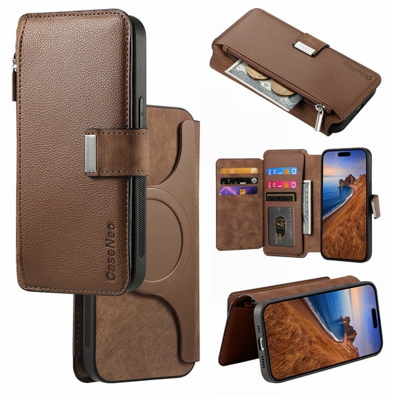 Feishell For Samsung A35 Wallet [Support Magsafe Charger] Magnetic Detachable Flip Leather Phone Case with Card Slots[RFID Blocking], Zipper Bag, Kick-Stand For Samsung Galaxy A35, Brown