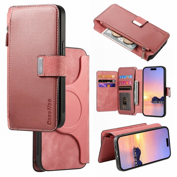 Feishell For Samsung A35 Wallet [Support Magsafe Charger] Magnetic Detachable Flip Leather Phone Case with Card Slots[RFID Blocking], Zipper Bag, Kick-Stand For Samsung Galaxy A35, Pink
