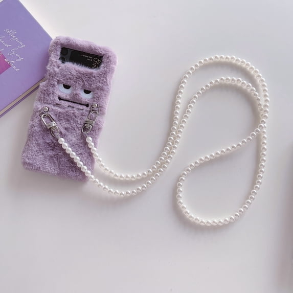 Feishell Furry Phone Case for Samsung Galaxy Z Flip3 5G 2021,Lovely Expression Fashion Plush Soft Winter Keep Warm Shockproof Beaded Crossbody Strap Protective Phone Cover,White