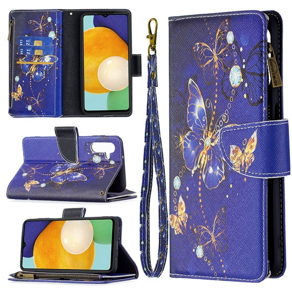 Feishell Galaxy A54 5G Case Zipper Purse Embossed Pattern Premium Leather Wallet Cover Flip Stand Card Slots Holder Magnetic with Wrist Strap Case for Samsung Galaxy A54 5G, Purple Butterfly