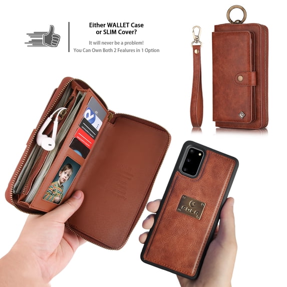 Feishell Galaxy S20 Plus Wallet Case, Multi-Functional Premium Leather Folio Removable Cover with Zip Purse ID Credit Card Holder & Detachable Magnetic Case For Samsung Galaxy S20 Plus, Brown