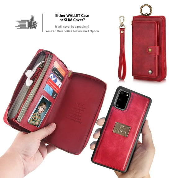 Feishell Galaxy S20 Plus Wallet Case, Multi-Functional Premium Leather Folio Removable Cover with Zip Purse ID Credit Card Holder & Detachable Magnetic Case For Samsung Galaxy S20 Plus, Red