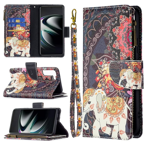 Feishell Galaxy S21 FE Case Zipper Purse Embossed Pattern Premium Leather Wallet Cover Flip Stand Card Slots Holder Magnetic with Wrist Strap Case for Samsung Galaxy S21 FE, Elephant