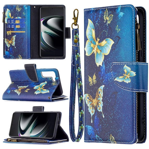 Feishell Galaxy S21 FE Case Zipper Purse Embossed Pattern Premium Leather Wallet Cover Flip Stand Card Slots Holder Magnetic with Wrist Strap Case for Samsung Galaxy S21 FE, Gold Butterfly