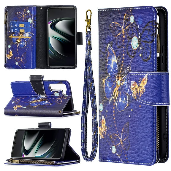 Feishell Galaxy S21 FE Case Zipper Purse Embossed Pattern Premium Leather Wallet Cover Flip Stand Card Slots Holder Magnetic with Wrist Strap Case for Samsung Galaxy S21 FE, Purple Butterfly