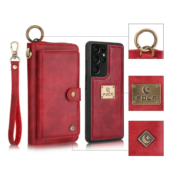 Feishell Galaxy S21 Plus Wallet Case, Multi-Functional Premium Leather Folio Removable Cover with Zip Purse ID Credit Card Holder & Detachable Magnetic Case For Samsung Galaxy S21 Plus, Red