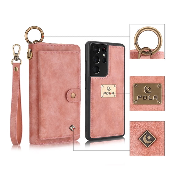 Feishell Galaxy S21 Wallet Case, Multi-Functional Premium Leather Folio Removable Wallet Cover with Zip Purse ID Credit Card Holder & Detachable Magnetic Case For Samsung Galaxy S21, Pink