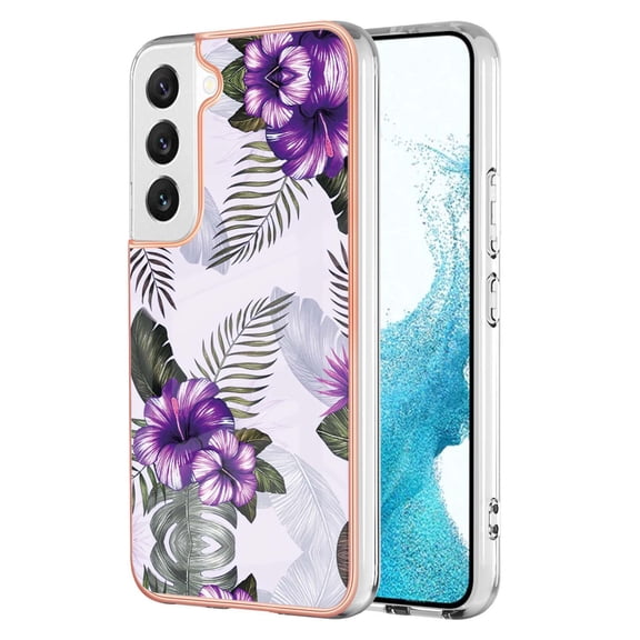 Feishell for Galaxy S22 Case, [Raised Lip Screen Drop Protection] Marble Shockproof Protective Slim Glossy Stylish TPU Durable Phone Cover For Samsung Galaxy S22, Purple Flower