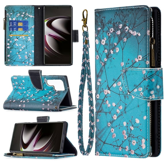 Feishell Galaxy S22 Ultra Case Zipper Purse Embossed Pattern Premium Leather Wallet Cover Flip Stand Card Slots Holder Magnetic with Wrist Strap Case for Samsung Galaxy S22 Ultra, Plum Blossom