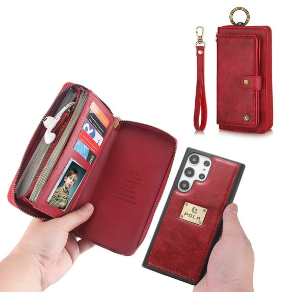 Feishell Galaxy S22 Wallet Case, Multi-Functional Premium Leather Folio Removable Wallet Cover with Zip Purse ID Credit Card Holder & Detachable Magnetic Case For Samsung Galaxy S22, Red