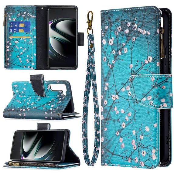 Feishell Galaxy S23 Case Zipper Purse Embossed Pattern Premium Leather Wallet Cover Flip Stand Card Slots Holder Magnetic with Wrist Strap Case for Samsung Galaxy S23, Plum Blossom
