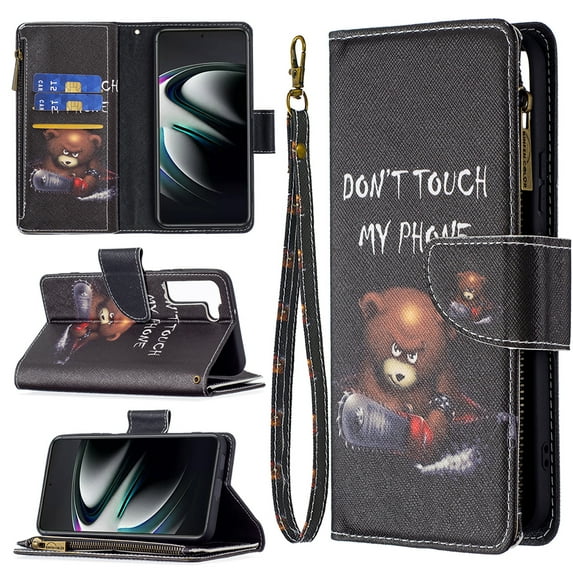 Feishell Galaxy S23 Case Zipper Purse Embossed Pattern Premium Leather Wallet Cover Flip Stand Card Slots Holder Magnetic with Wrist Strap Case for Samsung Galaxy S23, Little Bear