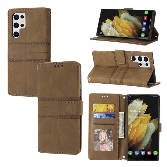 Feishell Galaxy S23 Ultra Case with Credit Cards Holder, Wallet Magnetic Crossbody Shoulder Strap & Wrist Strap Flip Stand Purse Premium PU Leather Cover Women For Samsung Galaxy S23 Ultra, Brown