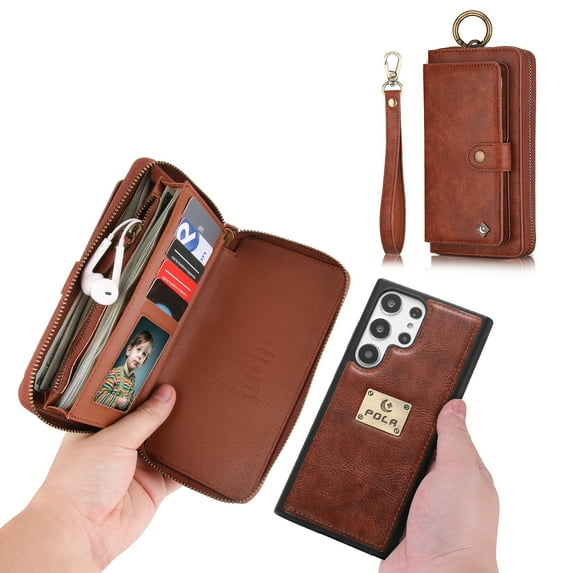 Feishell Galaxy S23 Wallet Case, Multi-Functional Premium Leather Folio Removable Wallet Cover with Zip Purse ID Credit Card Holder & Detachable Magnetic Case For Samsung Galaxy S23, Brown