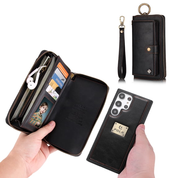 Feishell Galaxy S23 Wallet Case, Multi-Functional Premium Leather Folio Removable Wallet Cover with Zip Purse ID Credit Card Holder & Detachable Magnetic Case For Samsung Galaxy S23, Black