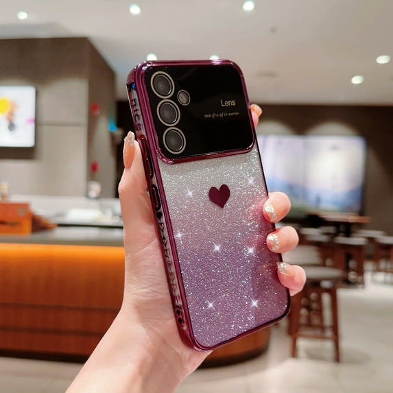 Feishell Glitter Case for Samsung Galaxy A24 4G, TPU Shockproof Case with Camera Lens Protector, Clear Back + Gradient Shining Paper + Plating Heart Pattern Sparkle Phone Cover, Darkpurple