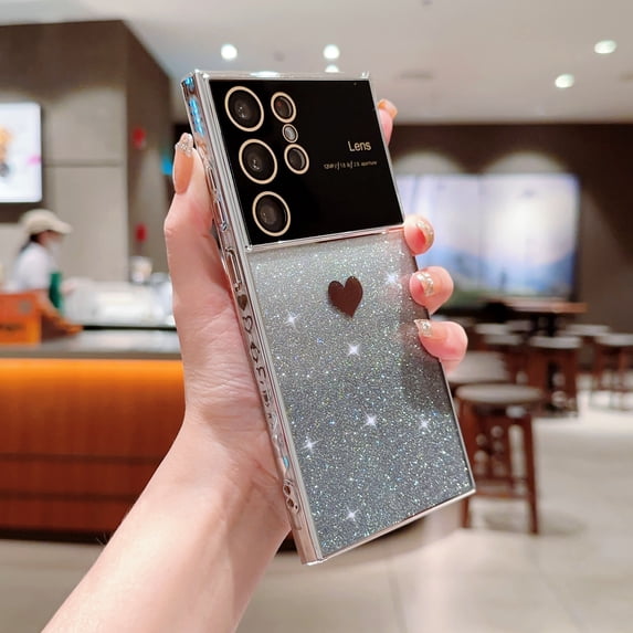 Feishell Glitter Sparkle Case for Samsung Galaxy S22 Ultra, TPU Shockproof Case with Camera Lens Protector, Clear Back + Gradient Shining Paper + Plating Heart Pattern Cover for Women Girls, Silver