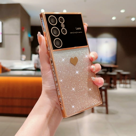 Feishell Glitter Sparkle Case for Samsung Galaxy S23 Ultra, TPU Shockproof Case with Camera Lens Protector, Clear Back + Gradient Shining Paper + Plating Heart Pattern Cover for Women Girls, Gold