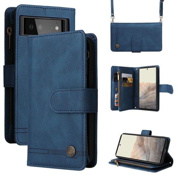 Feishell for Google Pixel 6 (6.4 inch) Zipper Wallet Case with Wrist Strap & Shoulder Strap,Premium PU Leather Magnetic Clasp Flip Holder Card Slots Crossbody Phone Case for Women Men,Blue