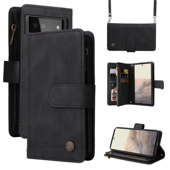 Feishell for Google Pixel 6 (6.4 inch) Zipper Wallet Case with Wrist Strap & Shoulder Strap,Premium PU Leather Magnetic Clasp Flip Holder Card Slots Crossbody Phone Case for Women Men,Black