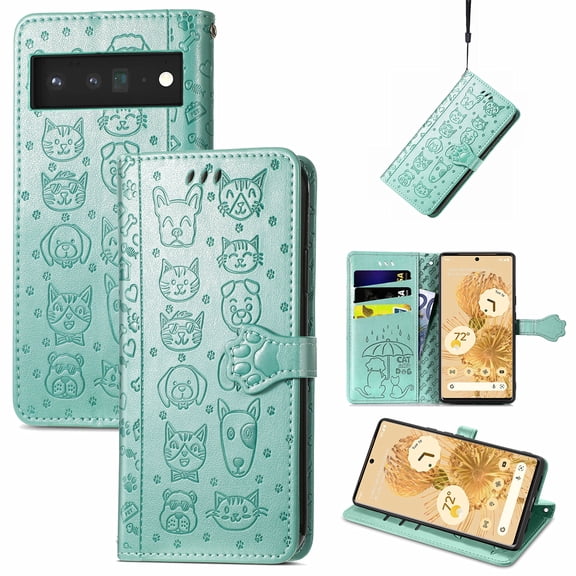 Feishell for Google Pixel 6 Cartoon Cute Wallet Case, Cat Dog Style Flip with ID Card Holder Premium PU Leather Cases with Wrist Strap, Magnetic Closure Folio Kickstand Phone Cover, Green