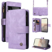 Feishell for Google Pixel 6 Pro 6.7 inch Zipper Wallet Case with Wrist Strap & Shoulder Strap,Premium PU Leather Magnetic Clasp Flip Holder Card Slots Crossbody Phone Case for Women Men,Purple