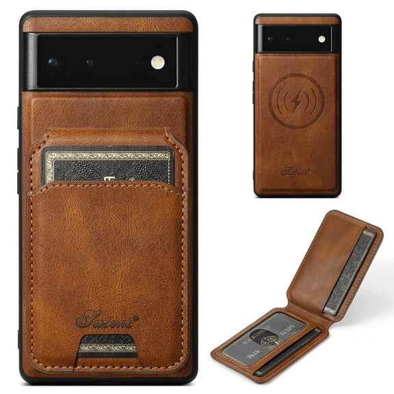 Feishell for Google Pixel 6 Pro Case with Detachable Card Pocket,Shockproof Premium PU Leather Cover Compatible with MagSafe,Credit Card Slots Kickstand Magnetic Car Mount Phone Case - Brown