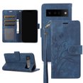thumbnail image 1 of Feishell for Google Pixel 6 Pro Wallet Case with Wrist Strap, [Butterflies & Orchid Embossed] Premium PU Leather Magnetic Clasp Case Cover with Card Slots Kickstand Flip Phone Case for Women Men,Blue, 1 of 7